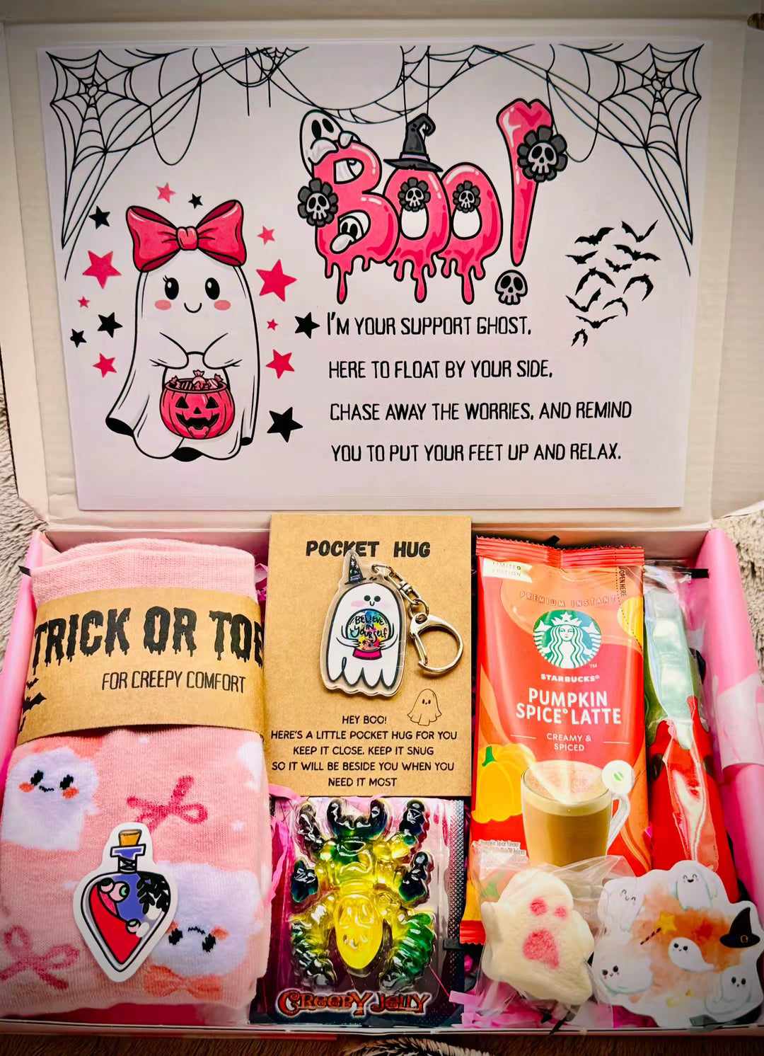 Emotional Support Ghost Pamper Hamper, Cute Pink Halloween Boo Basket